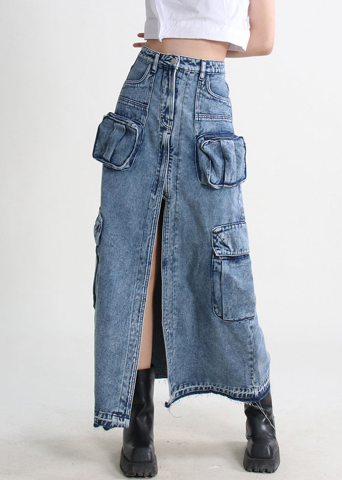 Denim Blue Summer Open Pockets Modern Skirt Side