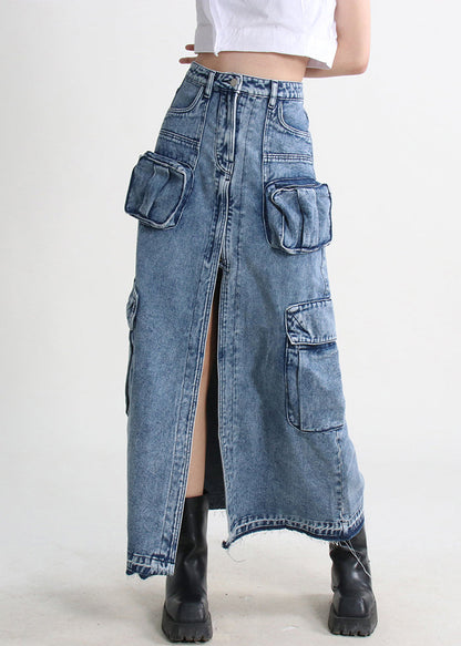 Denim Blue Summer Open Pockets Modern Skirt Side