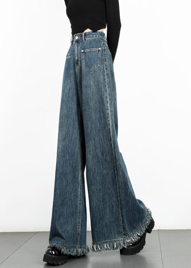 Pantalon large en denim bleu moderne à taille haute avec pompons Automne AW1003