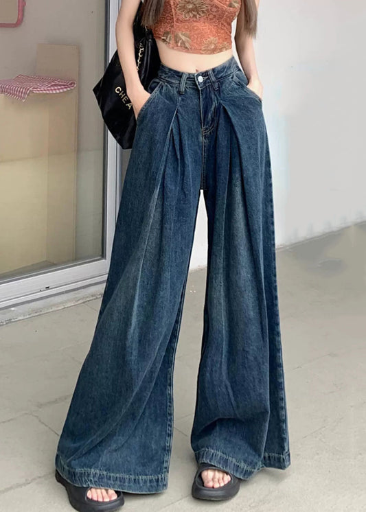 Pantalon large en denim bleu moderne avec poches froissées pour l'été PP010