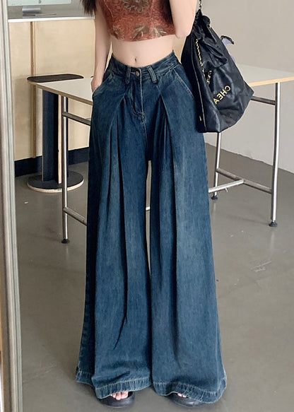 Pantalon large en denim bleu moderne avec poches froissées pour l'été PP010