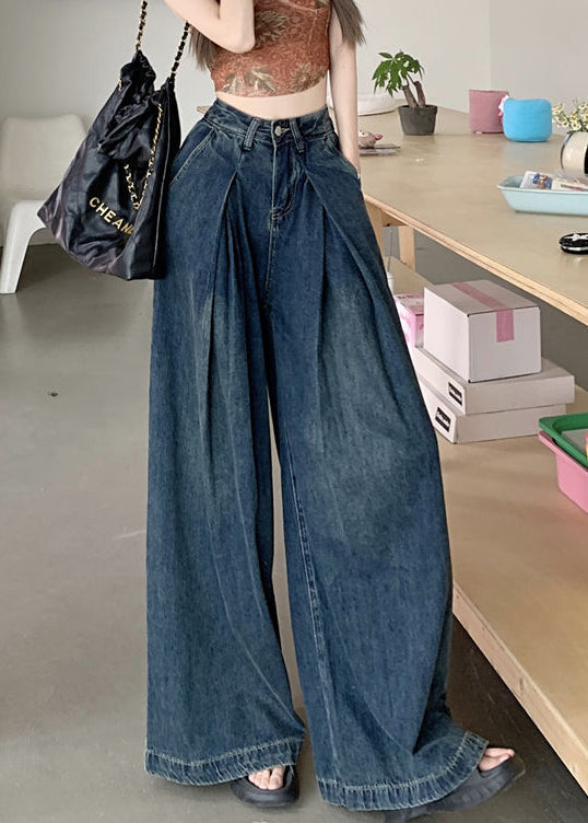 Pantalon large en denim bleu moderne avec poches froissées pour l'été PP010