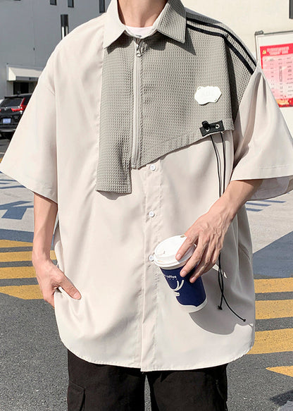 Shirts Cotton Half Sleeve Blue Mens Patchwork Zippered Modern