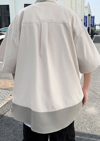 Shirts Cotton Half Sleeve Blue Mens Patchwork Zippered Modern