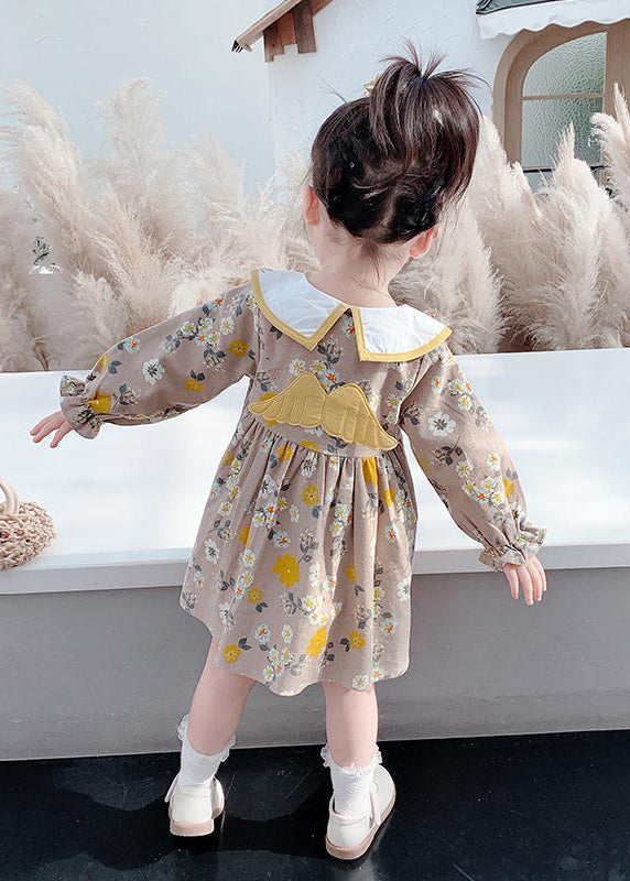 Modern Brown Embroideried Print Girls Vacation Long Dresses Long Sleeve SS1038