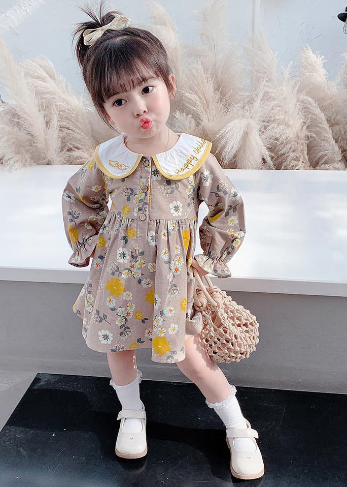 Modern Brown Embroideried Print Girls Vacation Long Dresses Long Sleeve SS1038