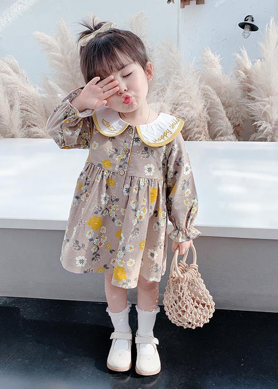 Modern Brown Embroideried Print Girls Vacation Long Dresses Long Sleeve SS1038