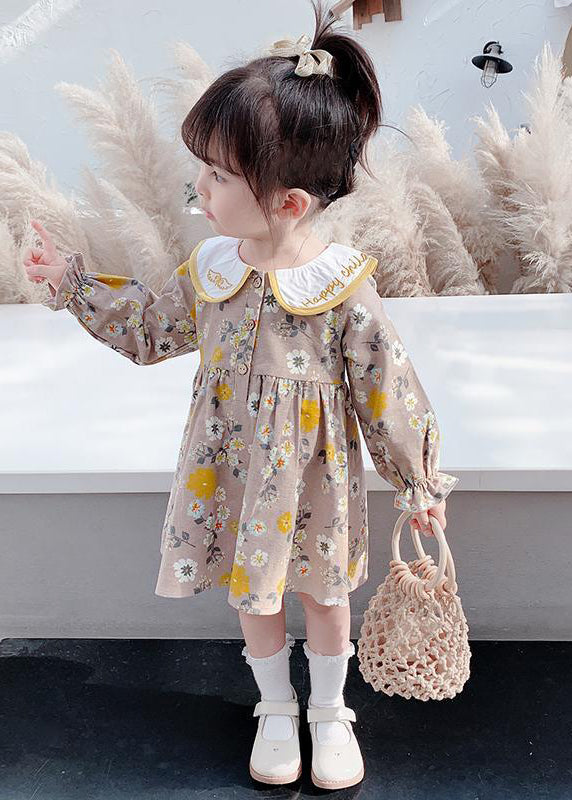 Modern Brown Embroideried Print Girls Vacation Long Dresses Long Sleeve SS1038