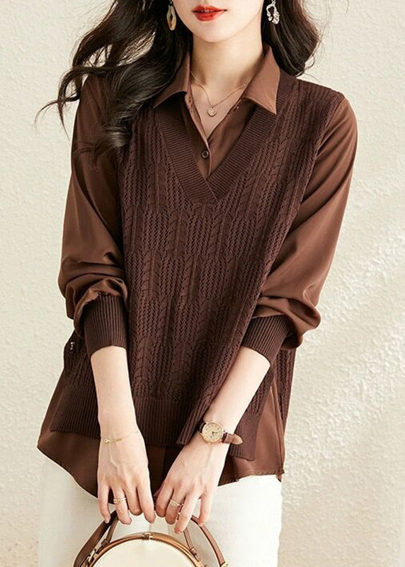 Modern Caramel Peter Pan Collar Patchwork Knit Fake Two Piece Shirts Fall OO045