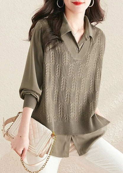 Modern Caramel Peter Pan Collar Patchwork Knit Fake Two Piece Shirts Fall OO045