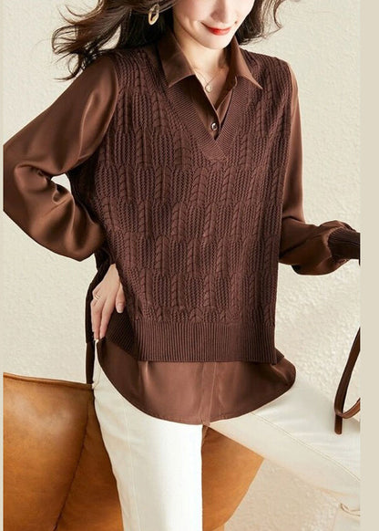 Modern Caramel Peter Pan Collar Patchwork Knit Fake Two Piece Shirts Fall OO045