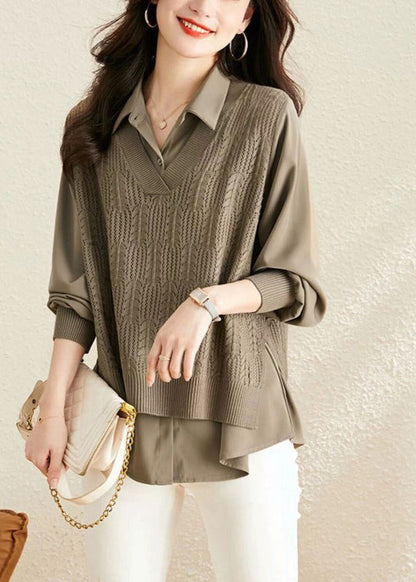 Modern Caramel Peter Pan Collar Patchwork Knit Fake Two Piece Shirts Fall OO045