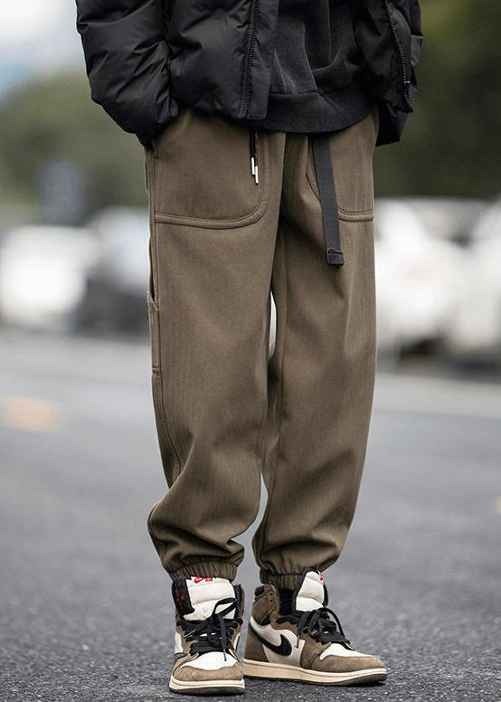 Pants Pockets Spring Elastic Waist Men Coffee Beam Modern