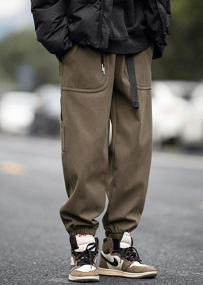 Pants Pockets Spring Elastic Waist Men Coffee Beam Modern