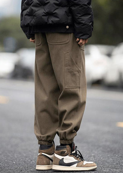 Pants Pockets Spring Elastic Waist Men Coffee Beam Modern