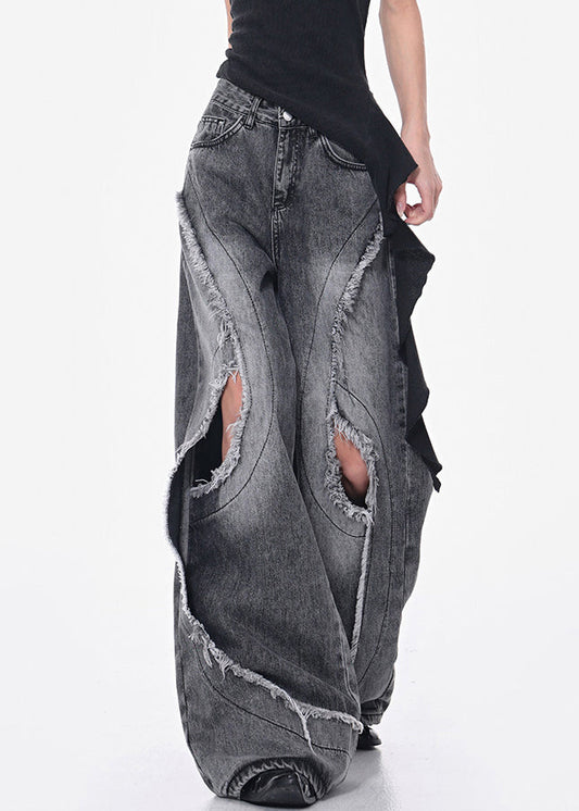 Pockets Modern Hole Fall Denim Gray Pants Waist High Dark