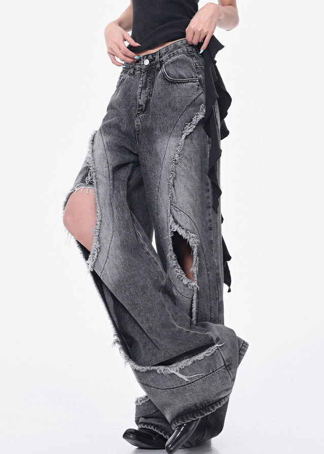 Pockets Modern Hole Fall Denim Gray Pants Waist High Dark