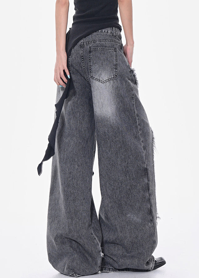 Pockets Modern Hole Fall Denim Gray Pants Waist High Dark
