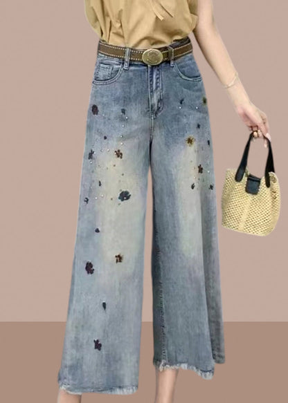 Moderne Denim Blau Taschen Hohe Taille Kurze Weite Bein Hose Sommer GH1015