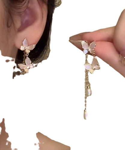 Modern Pearl Alloy Copper Drop Tassel Earrings Gold Butterfly