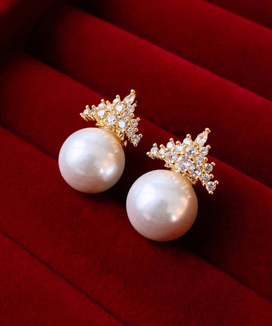 Modern Gold Copper Alloy Zircon Crown Pearl Stud Earrings WZ009