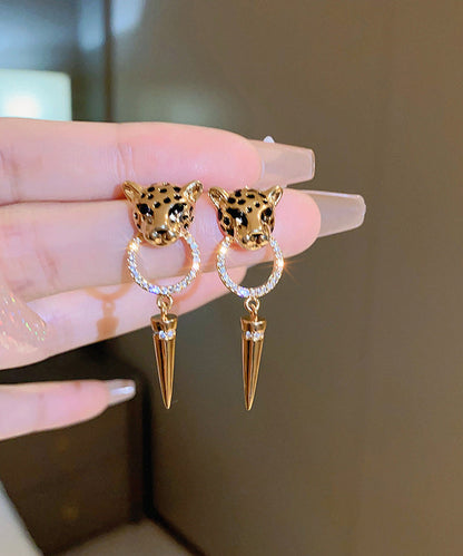 Modern Gold Metal Overgild Zircon Leopard Head Cone Tassel Drop Earrings ZZ029