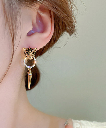 Modern Gold Metal Overgild Zircon Leopard Head Cone Tassel Drop Earrings ZZ029