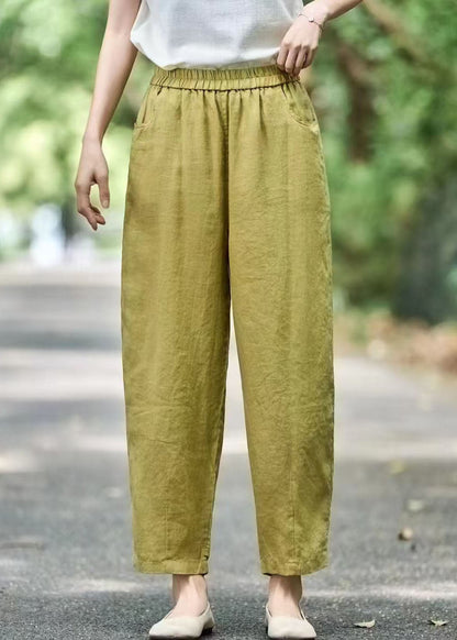 Modern Pants Linen Oversized Green Grass Elastic Waist Harem