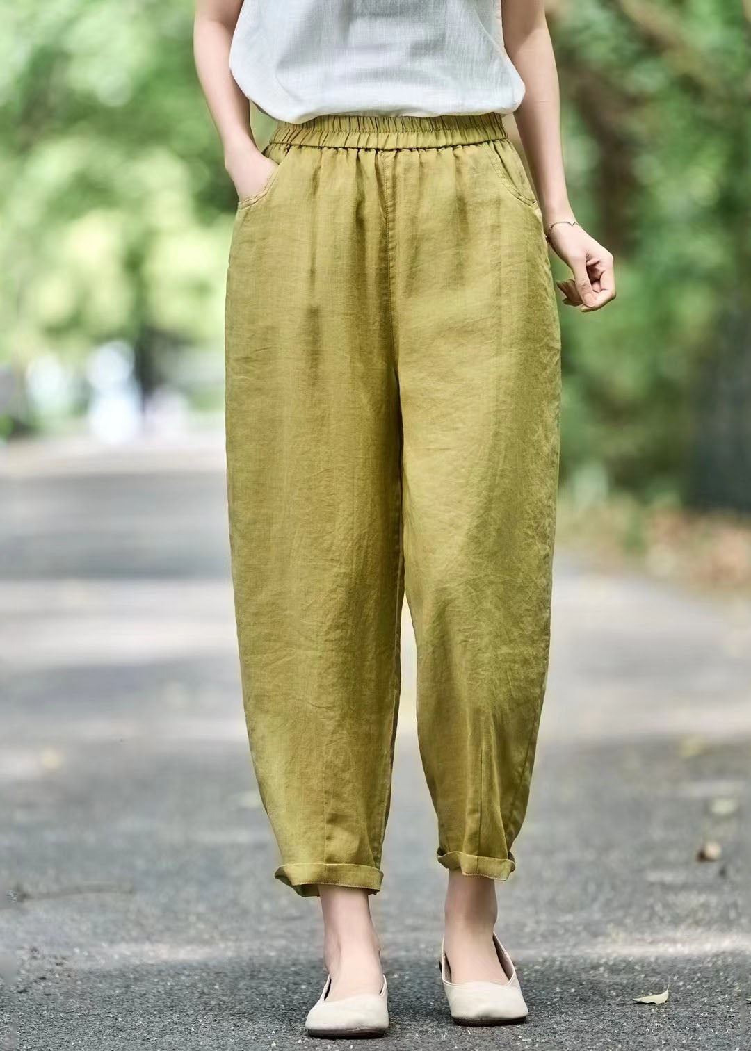 Modern Pants Linen Oversized Green Grass Elastic Waist Harem
