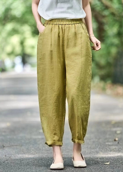 Modern Pants Linen Oversized Green Grass Elastic Waist Harem