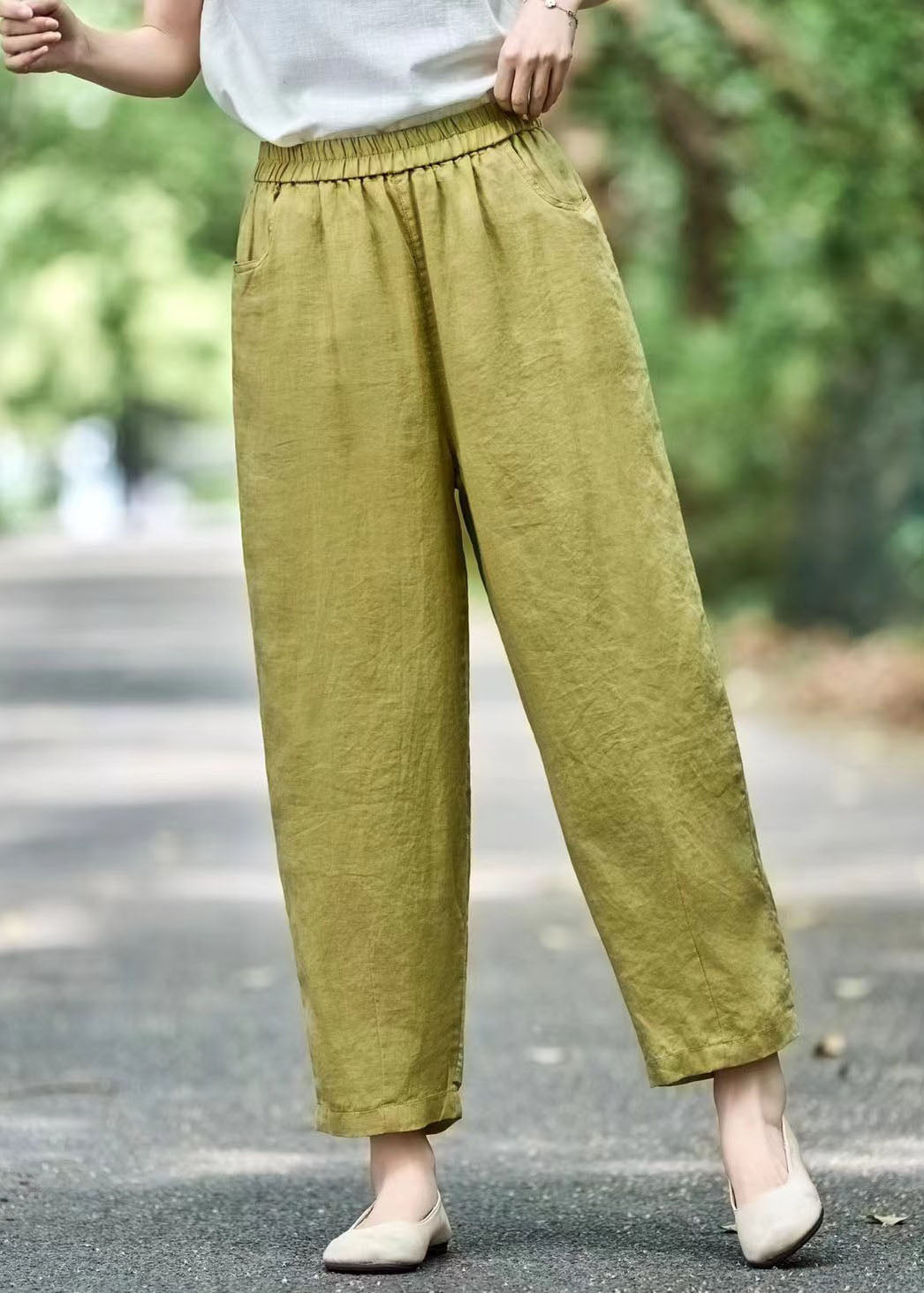 Modern Pants Linen Oversized Green Grass Elastic Waist Harem