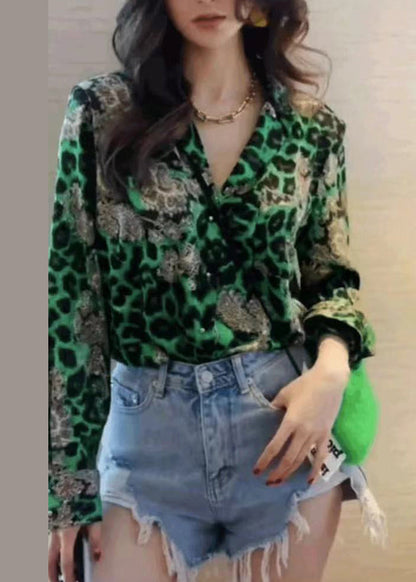 Modern Green Leopard Chiffon Top Fall Blouse Print