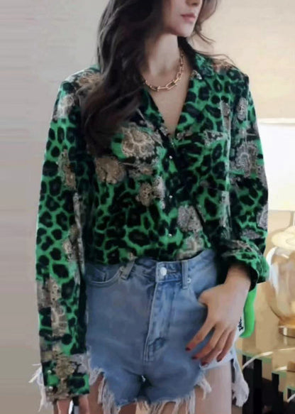 Modern Green Leopard Chiffon Top Fall Blouse Print