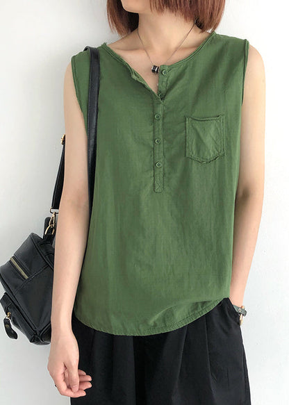 Linen Green Modern Sleeveless O-Neck Tops