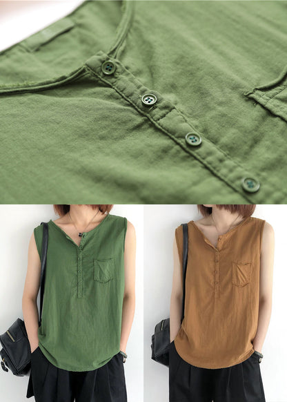 Linen Green Modern Sleeveless O-Neck Tops
