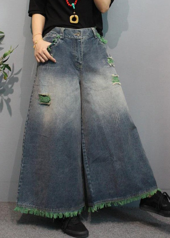 Pantalon large en denim taille haute avec poches vertes modernes pour l'été MN096