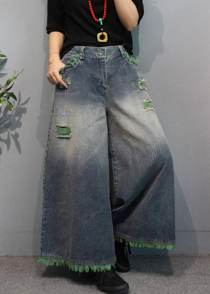 Pantalon large en denim taille haute avec poches vertes modernes pour l'été MN096