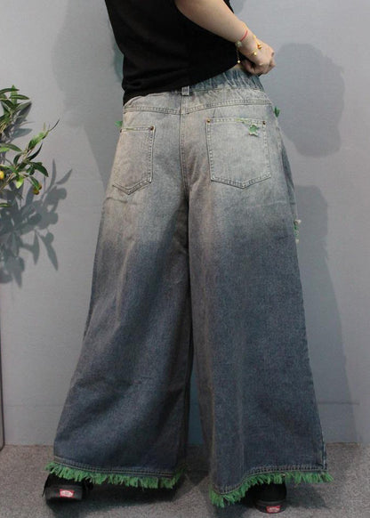 Pantalon large en denim taille haute avec poches vertes modernes pour l'été MN096