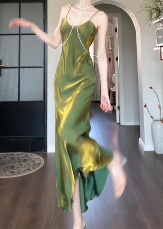 Modern Green Maxi Silk Draping Strap Slash Neck Spaghetti