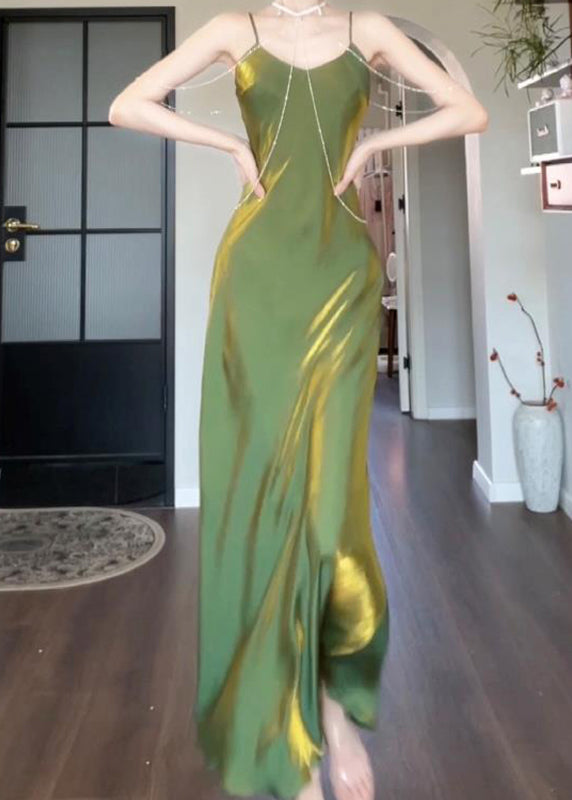 Modern Green Maxi Silk Draping Strap Slash Neck Spaghetti