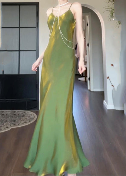 Modern Green Maxi Silk Draping Strap Slash Neck Spaghetti