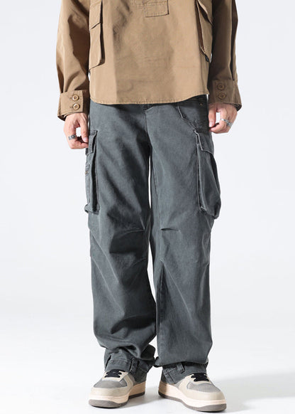 Pants High Mens Spring Waist Grey Cotton Pockets Modern