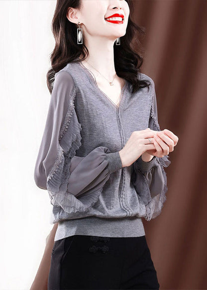 Modern Grey V Neck Ice Silk Patchwork Knit Top Spring TE029