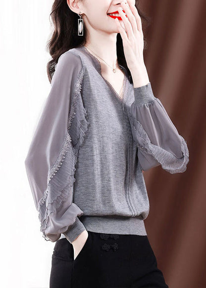 Modern Grey V Neck Ice Silk Patchwork Knit Top Spring TE029