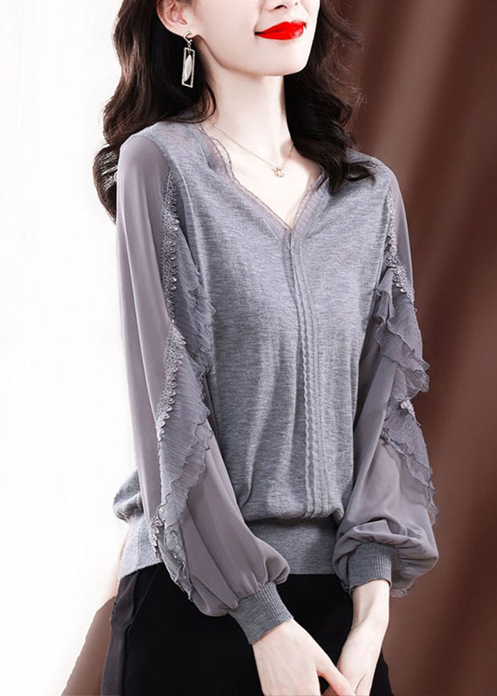 Modern Grey V Neck Ice Silk Patchwork Knit Top Spring TE029