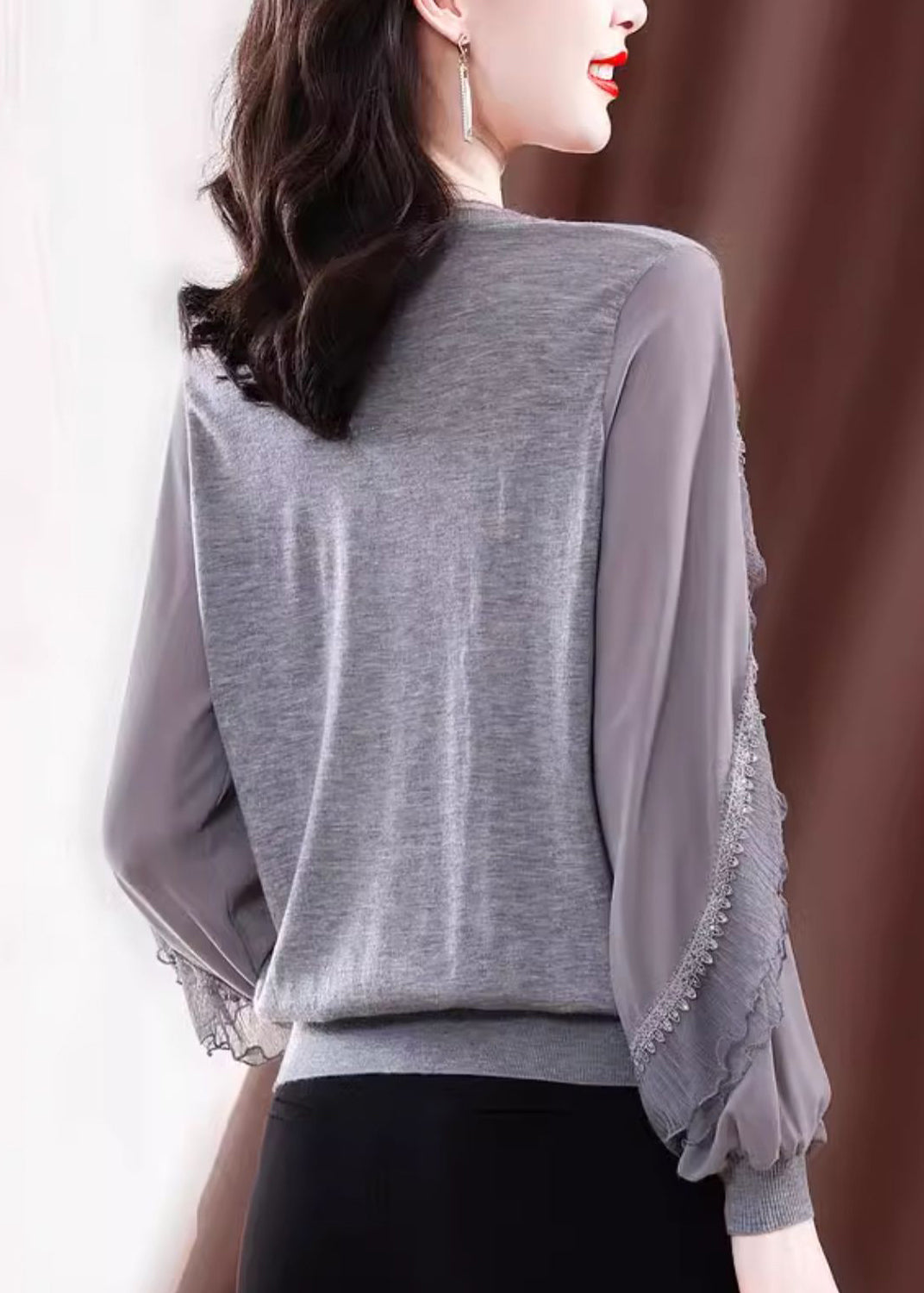 Modern Grey V Neck Ice Silk Patchwork Knit Top Spring TE029