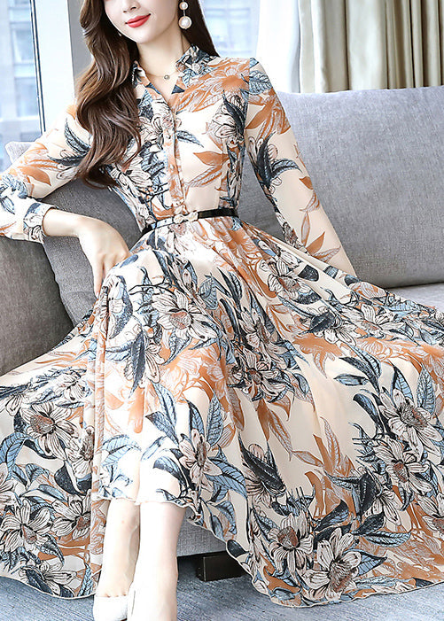 Modern Khaki Print Tie Waist Chiffon Dresses Spring OO023