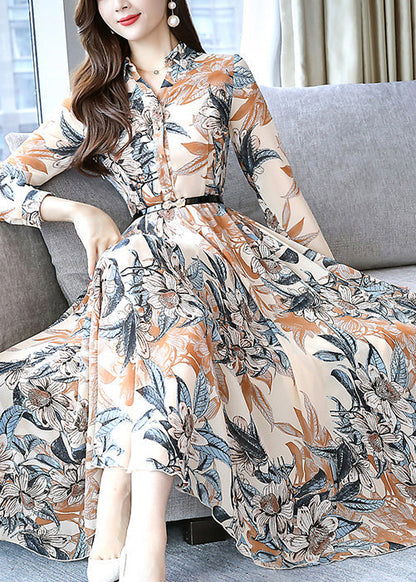 Modern Khaki Print Tie Waist Chiffon Dresses Spring OO023