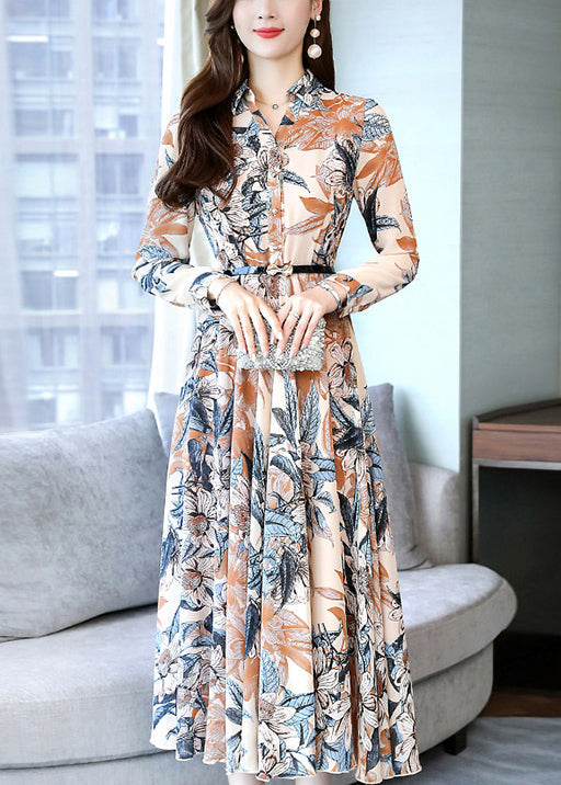 Modern Khaki Print Tie Waist Chiffon Dresses Spring OO023