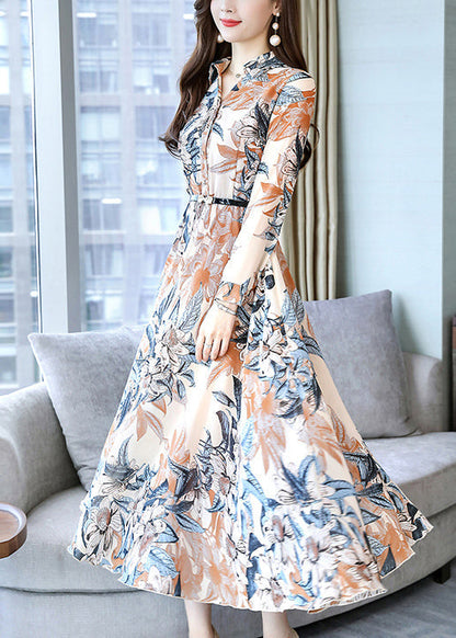 Modern Khaki Print Tie Waist Chiffon Dresses Spring OO023